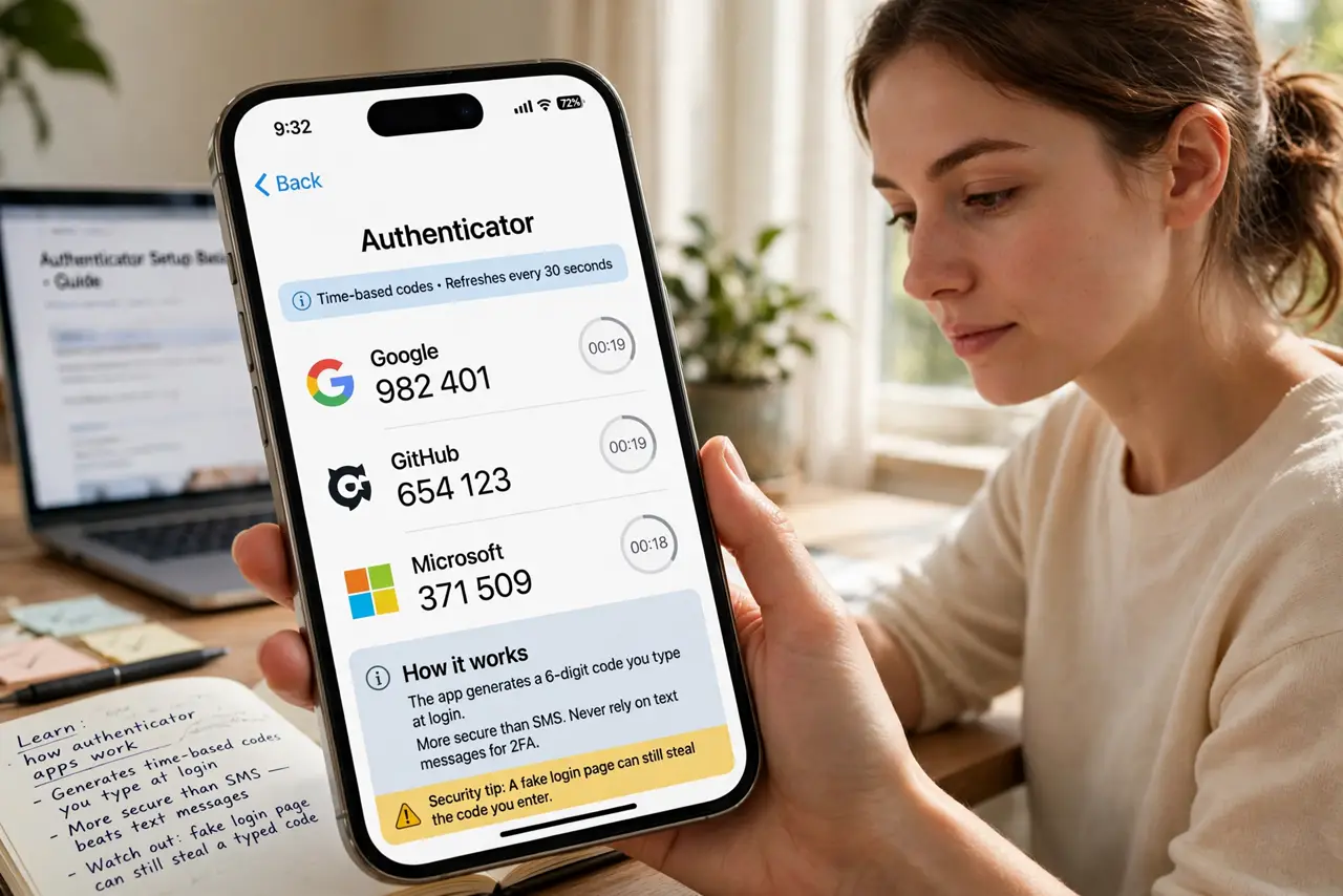 A person performing the first step of the guide: Learn how authenticator apps work.