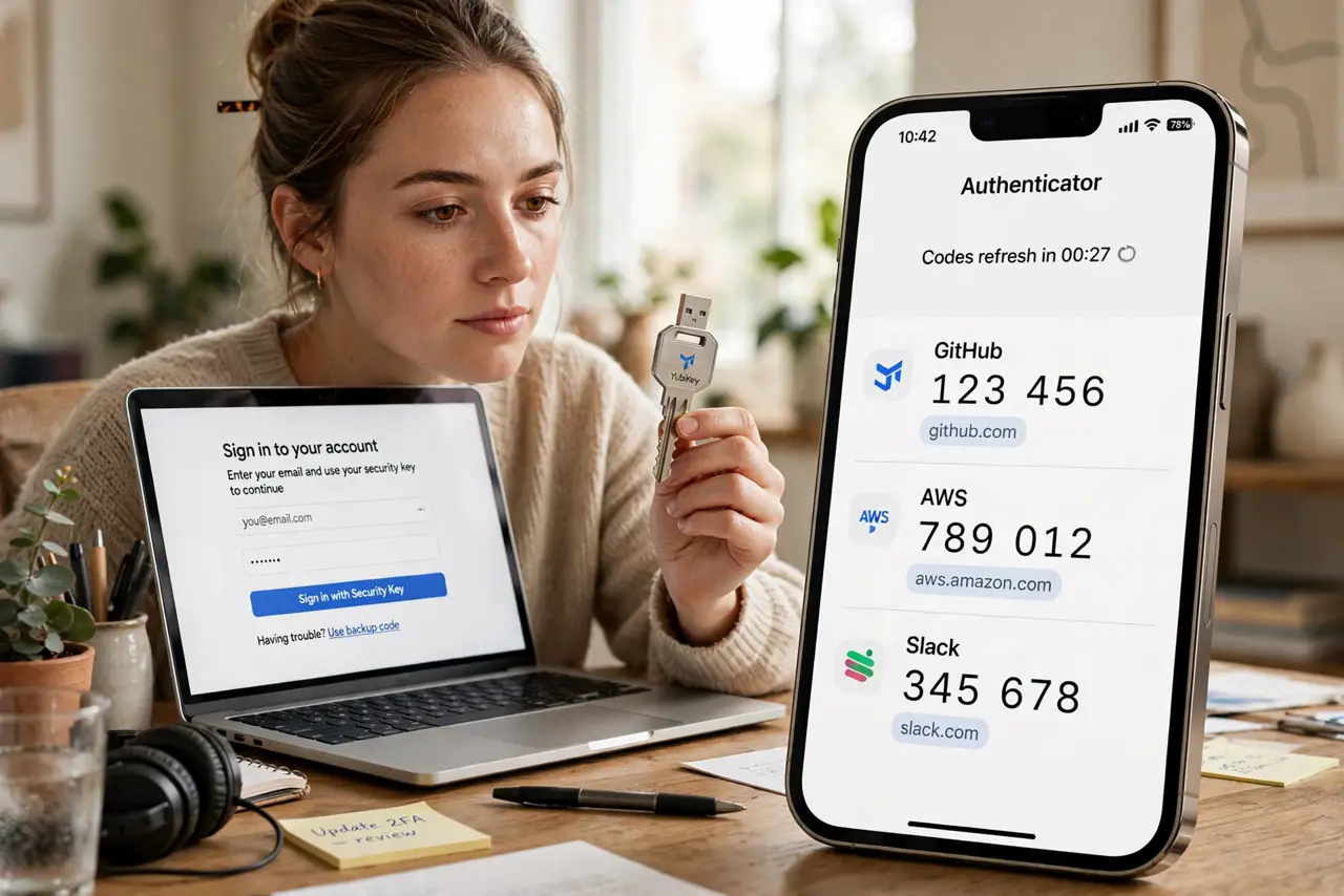 a person at a real desk holding a real hardware security key next to a real smartphone showing an authenticator app with legible codes, a laptop showing a login page, the person's face thoughtful, home office.