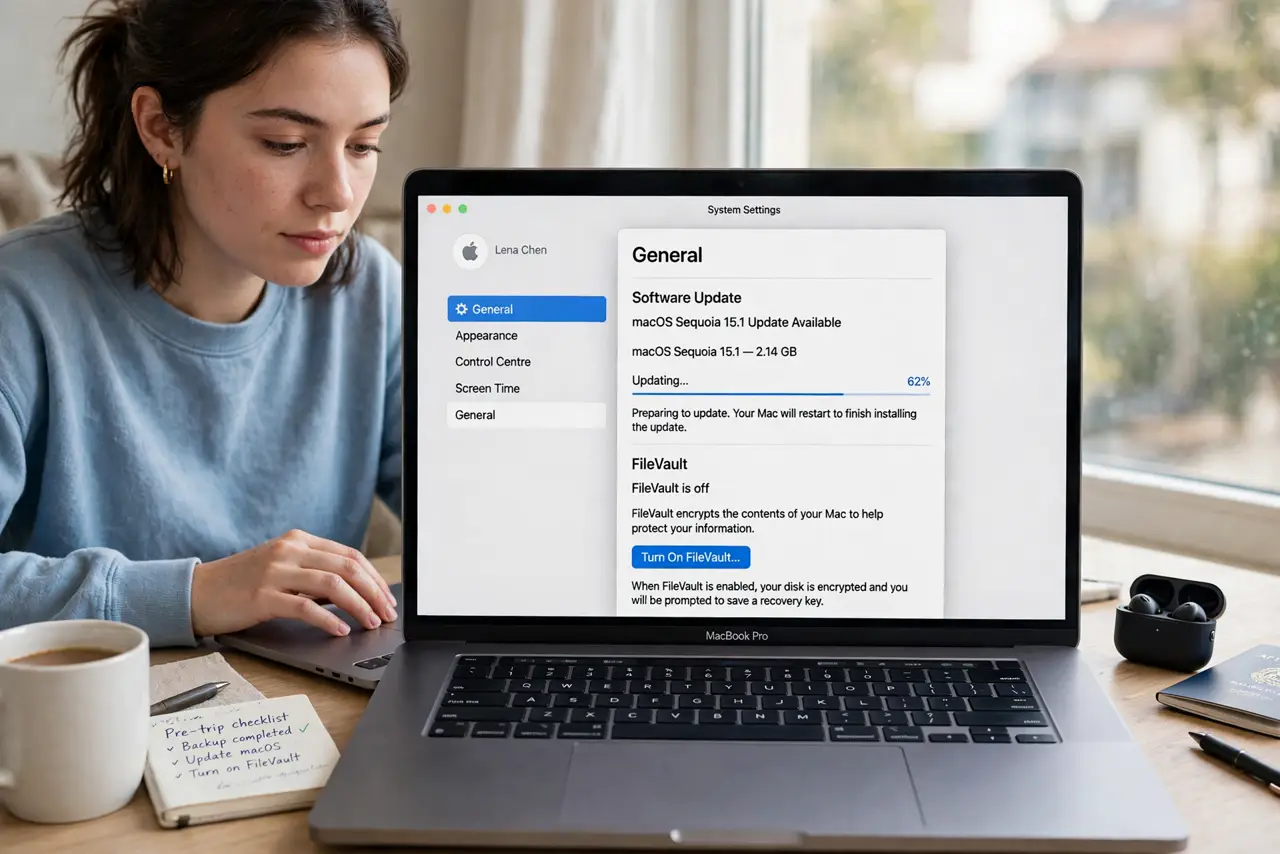 A person carrying out step one: update and encrypt before you go.