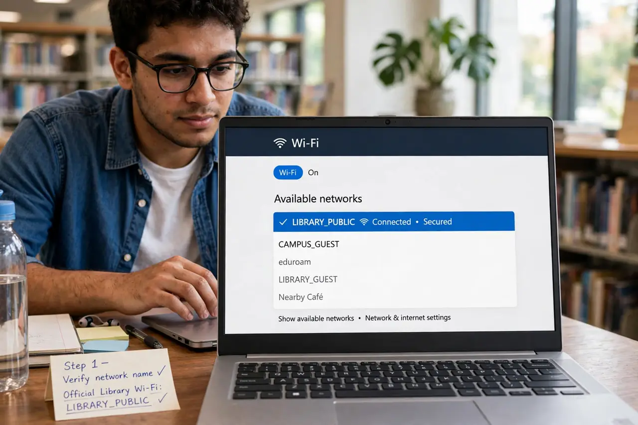 A person carrying out step one: verify the network name.