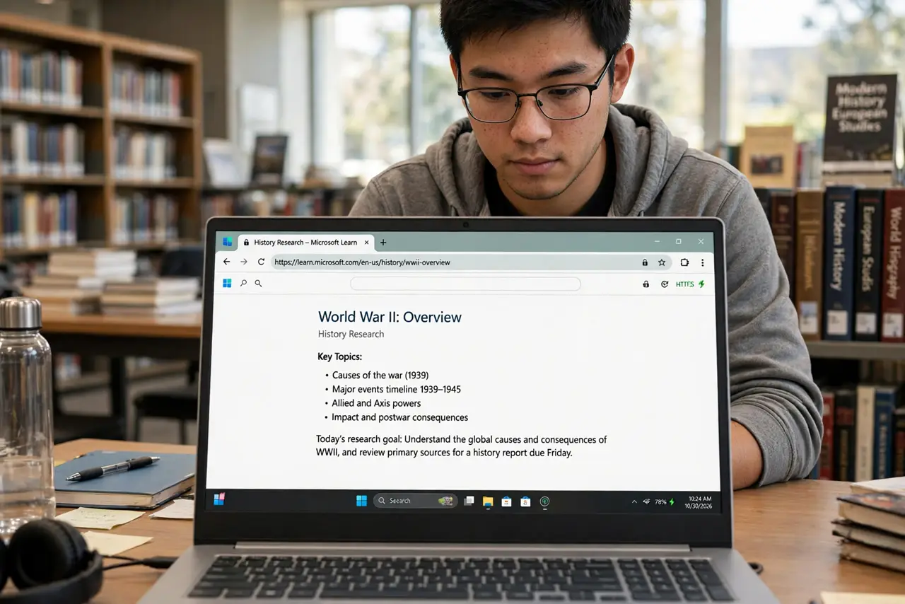 A student working on a laptop at a library table with bookshelves behind, the screen showing a secure browser page, face focused, quiet reading room.