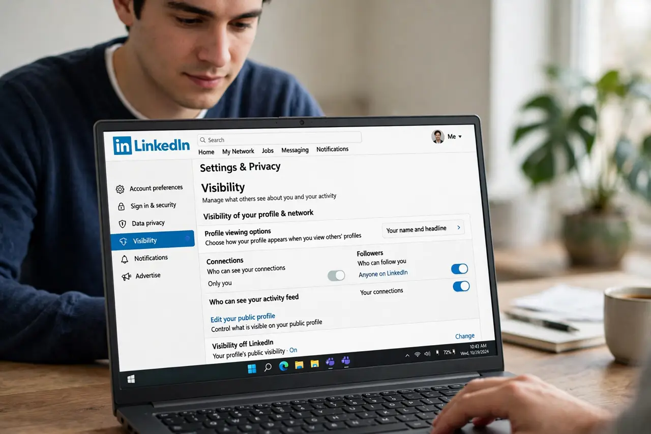 A person carrying out step one: open visibility settings.