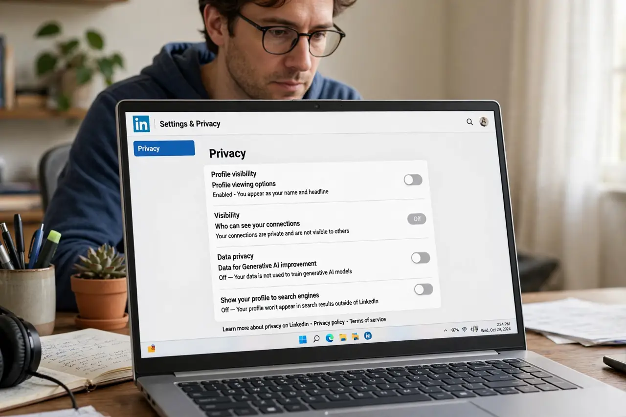 A person at a desk looking at a real laptop showing the LinkedIn privacy settings page with legible toggles, the person's face focused, home office.