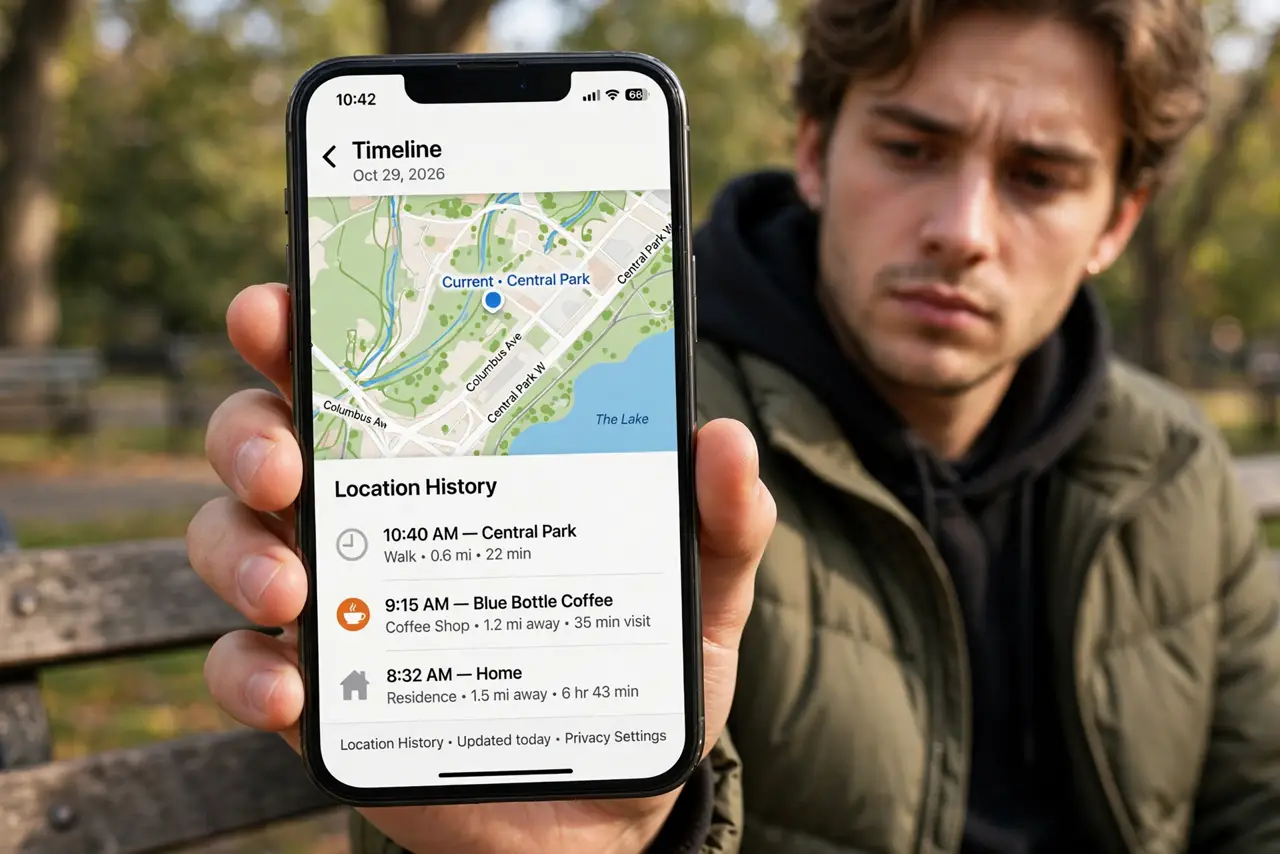 A person holding a real iPhone showing a legible map with location history timeline entries, the person's face thoughtful, park bench.