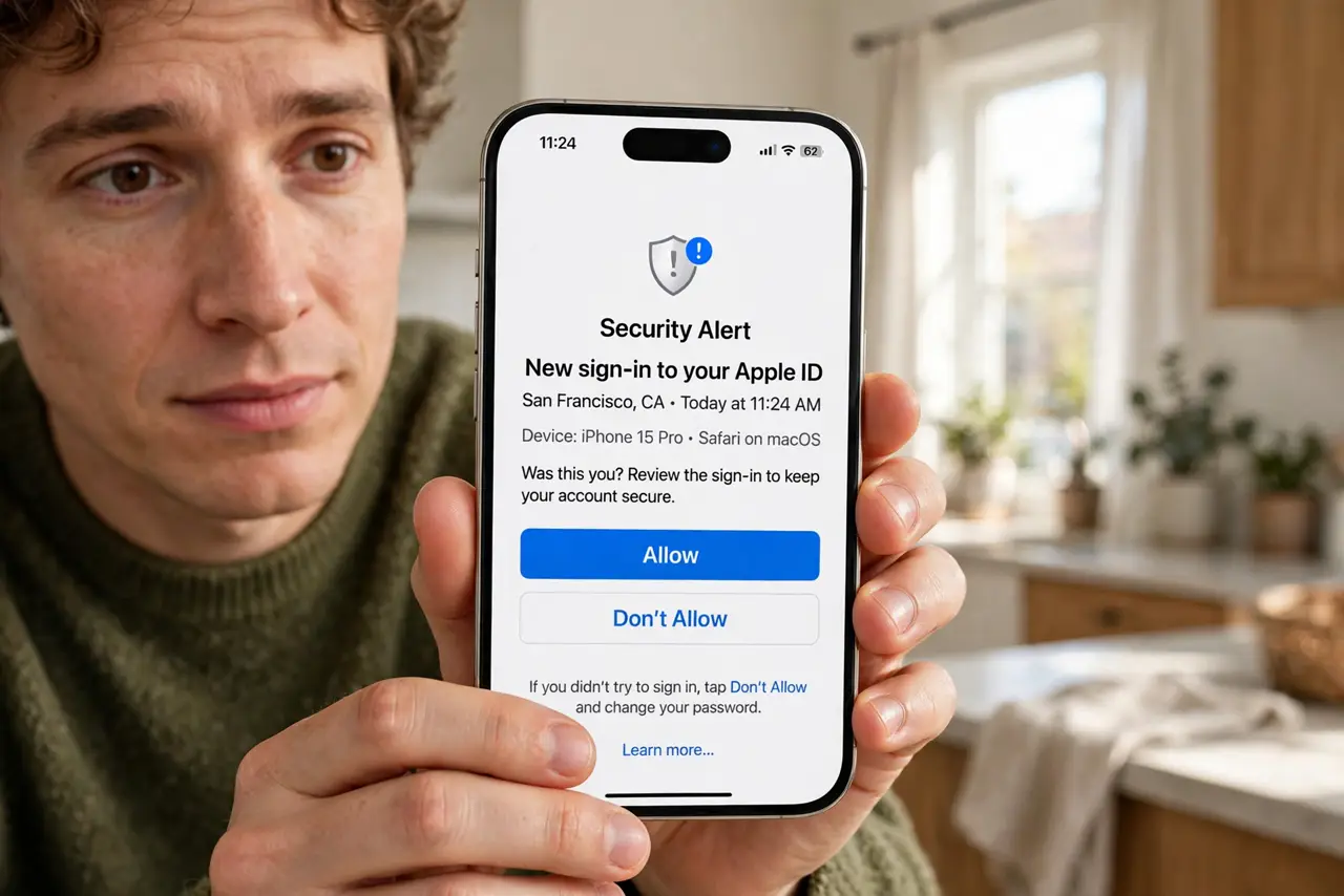 A person holding a real iPhone showing a legible security alert notification about a new sign-in, the person's face alert but calm, home.