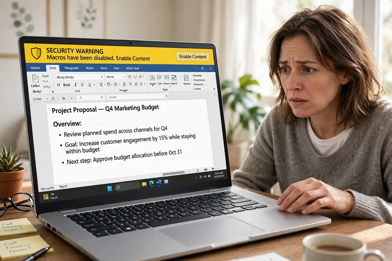A worried person looking at a real laptop showing Word with a yellow macro security warning bar legible at the top, the person's hand pulled back from the…