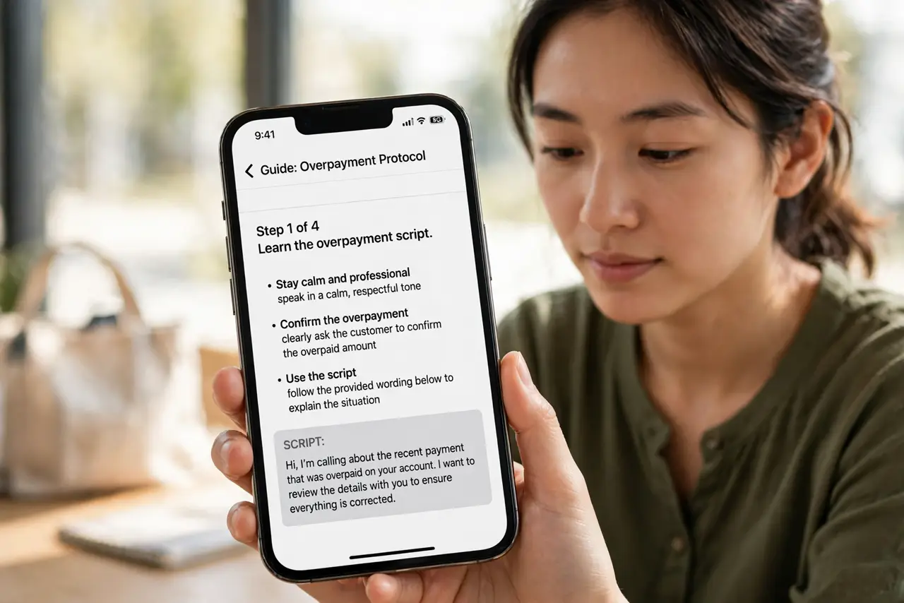 A person doing the guide's first step: Learn the overpayment script.