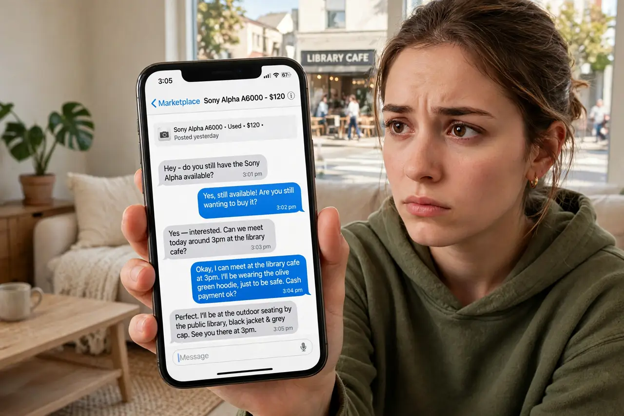 A person holding a real iPhone showing a legible marketplace chat about buying an item, meeting in a public place visible through a window behind, the person's face cautious, living room.