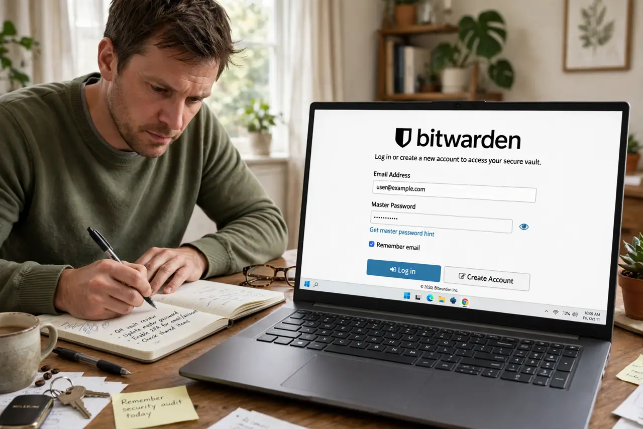 A focused person writing in a real notebook at a desk with a laptop showing a password manager login screen legible, the person's face determined, home office.