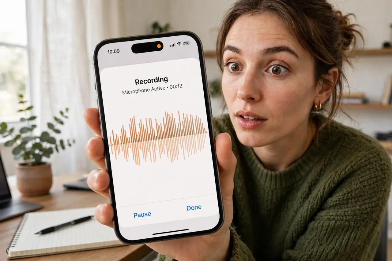 A person holding a real iPhone showing the legible orange microphone indicator dot at the top of the screen, the person's face alert and curious, home office.