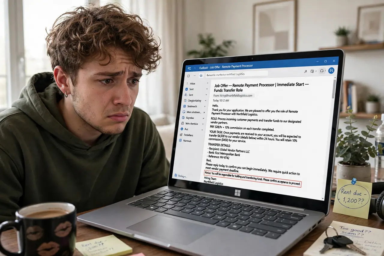 A worried young person at a desk looking at a real laptop showing a suspicious job offer involving money transfers with legible text, the person's face uneasy, apartment interior.