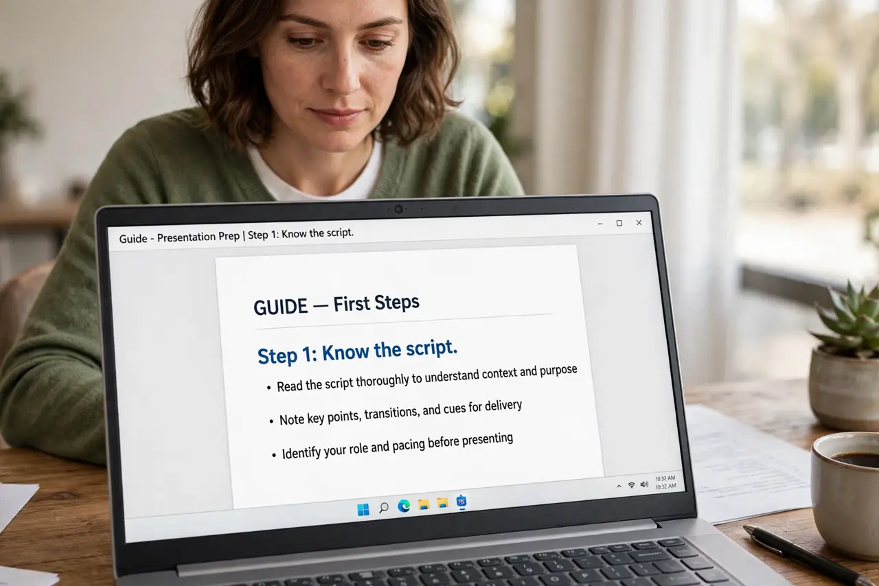 A person doing the guide's first step: Know the script.