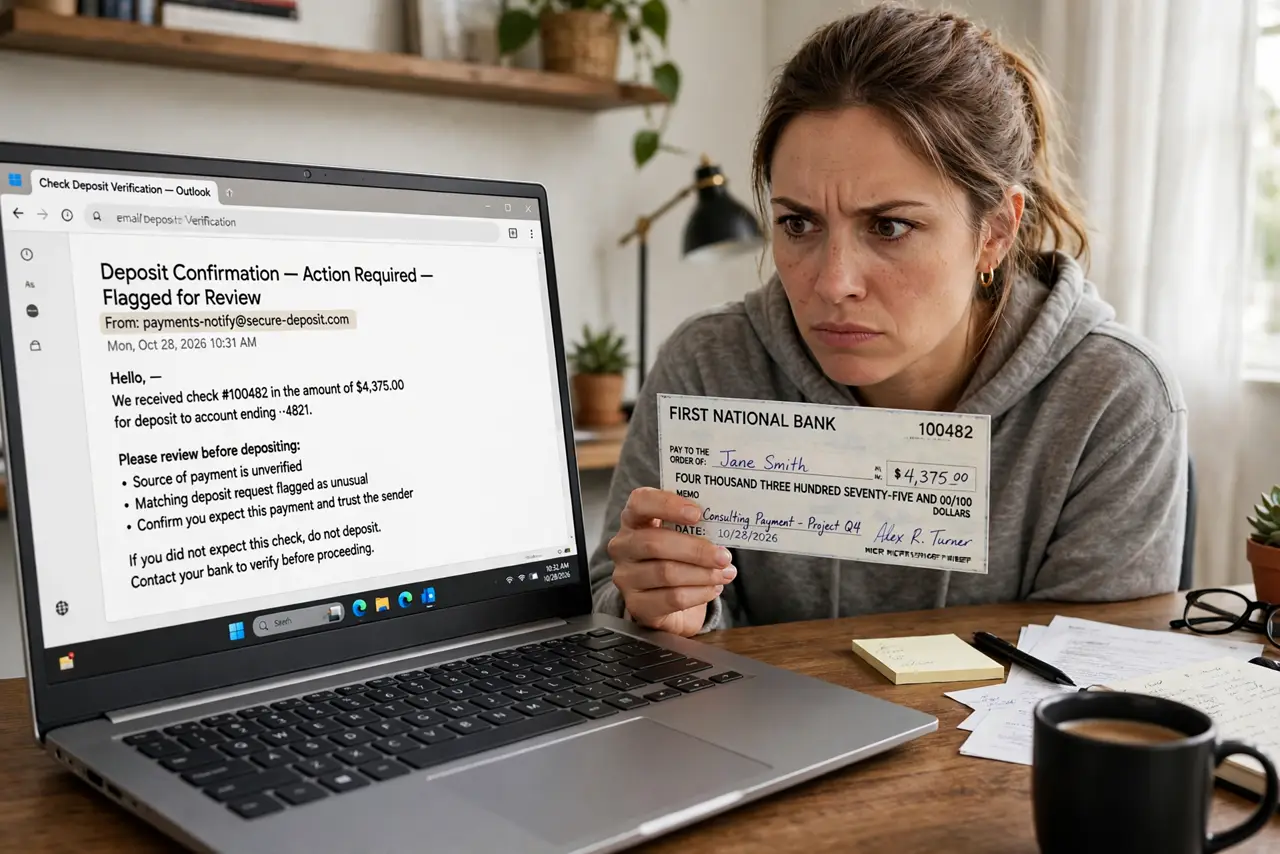 A person at a home desk holding a real paper check and looking at a real laptop with suspicion, the check and screen details generic but legible, the person's face suspicious, home office.