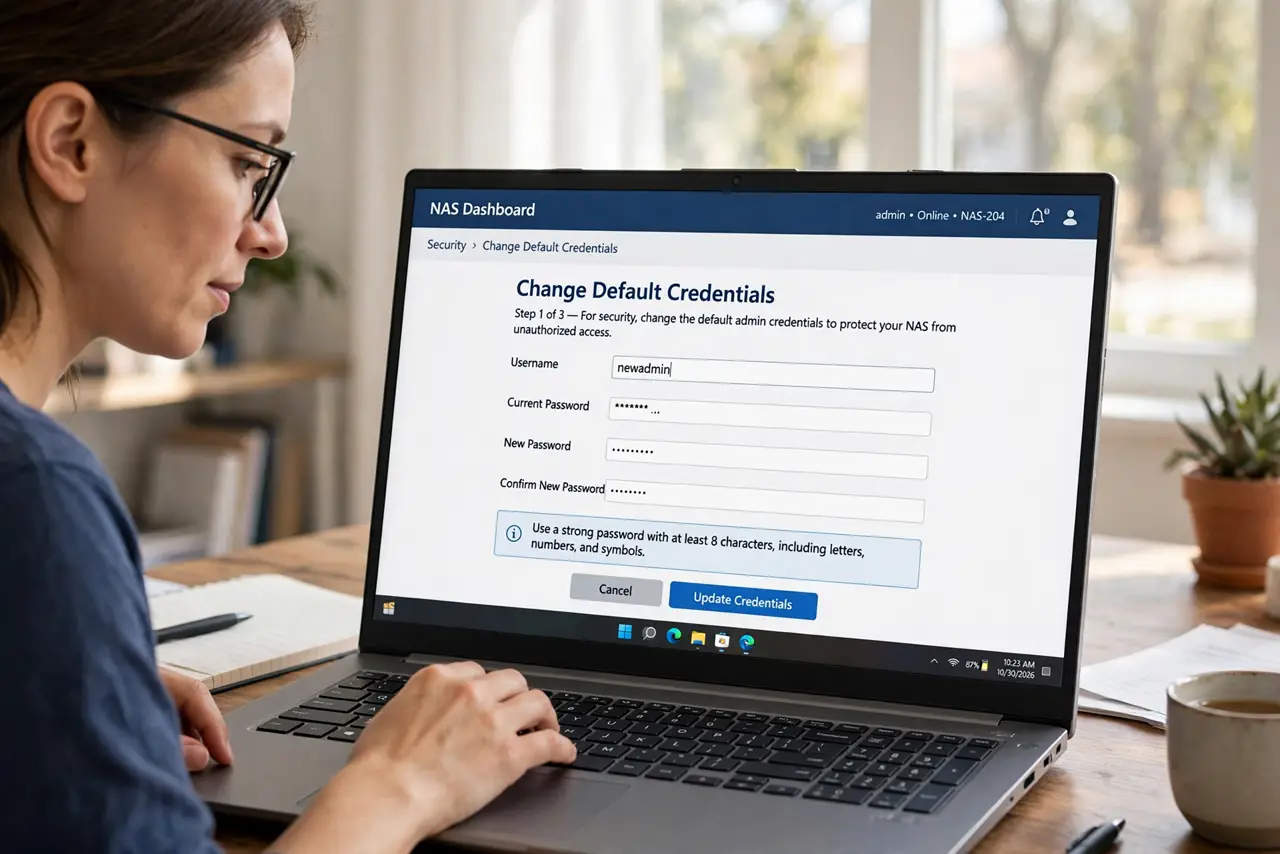 A person carrying out step one: change the default credentials.