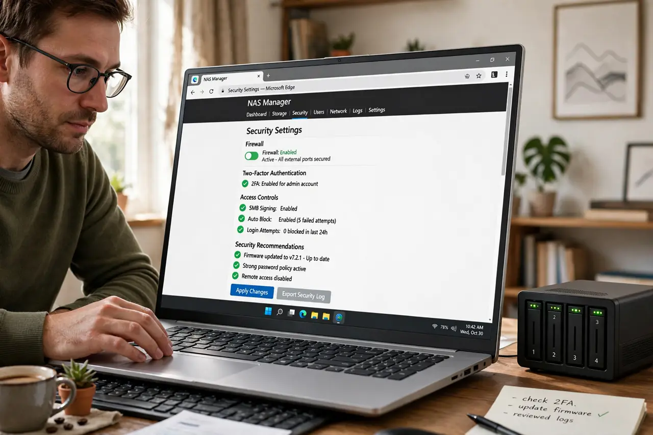 A person checking NAS security settings on a laptop showing the admin dashboard legible, a small NAS box with drive lights on the desk beside them, face…