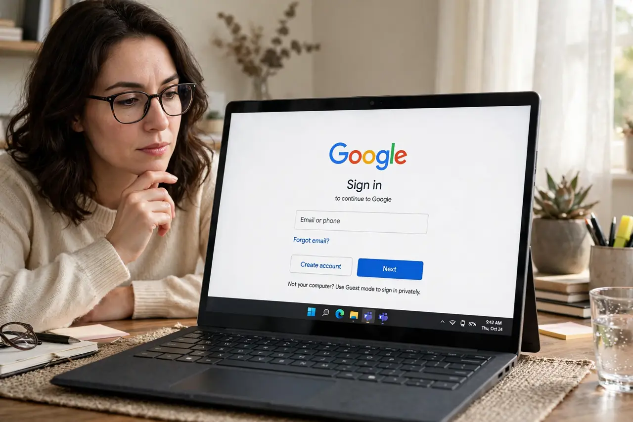 A person at a desk with a real laptop showing a 'Sign in with Google' button on a login page with legible text, the person's face thoughtful, home office.