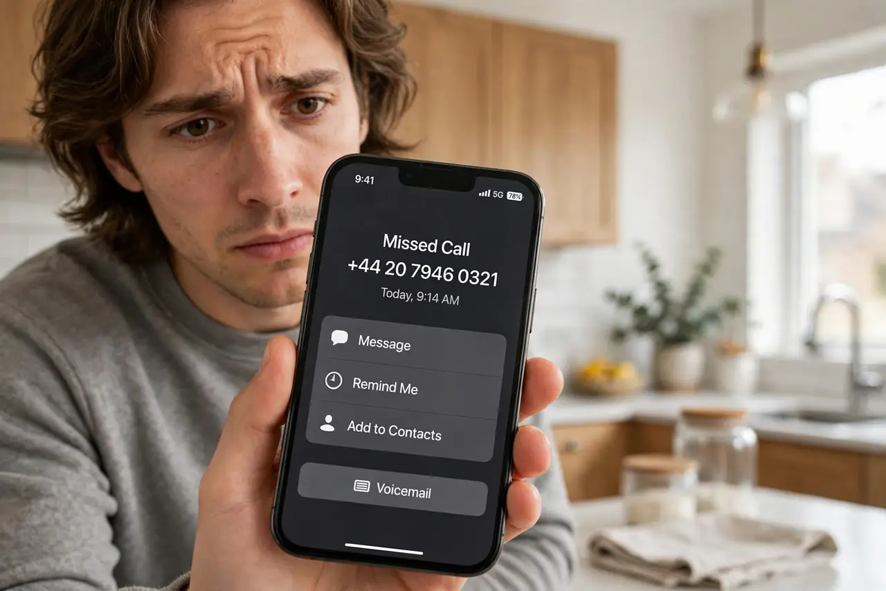 A person holding a real iPhone showing a missed call from an unfamiliar international number with legible text on screen, the person's face curious but cautious, kitchen interior.