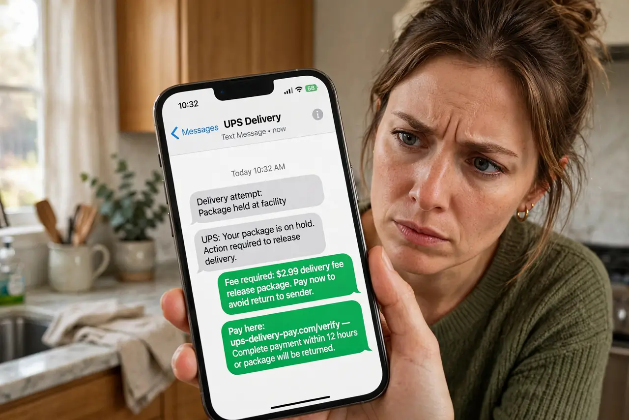 A person looking warily at a real iPhone showing a fake delivery text demanding a fee, the message legible on the large phone screen, the person's face…
