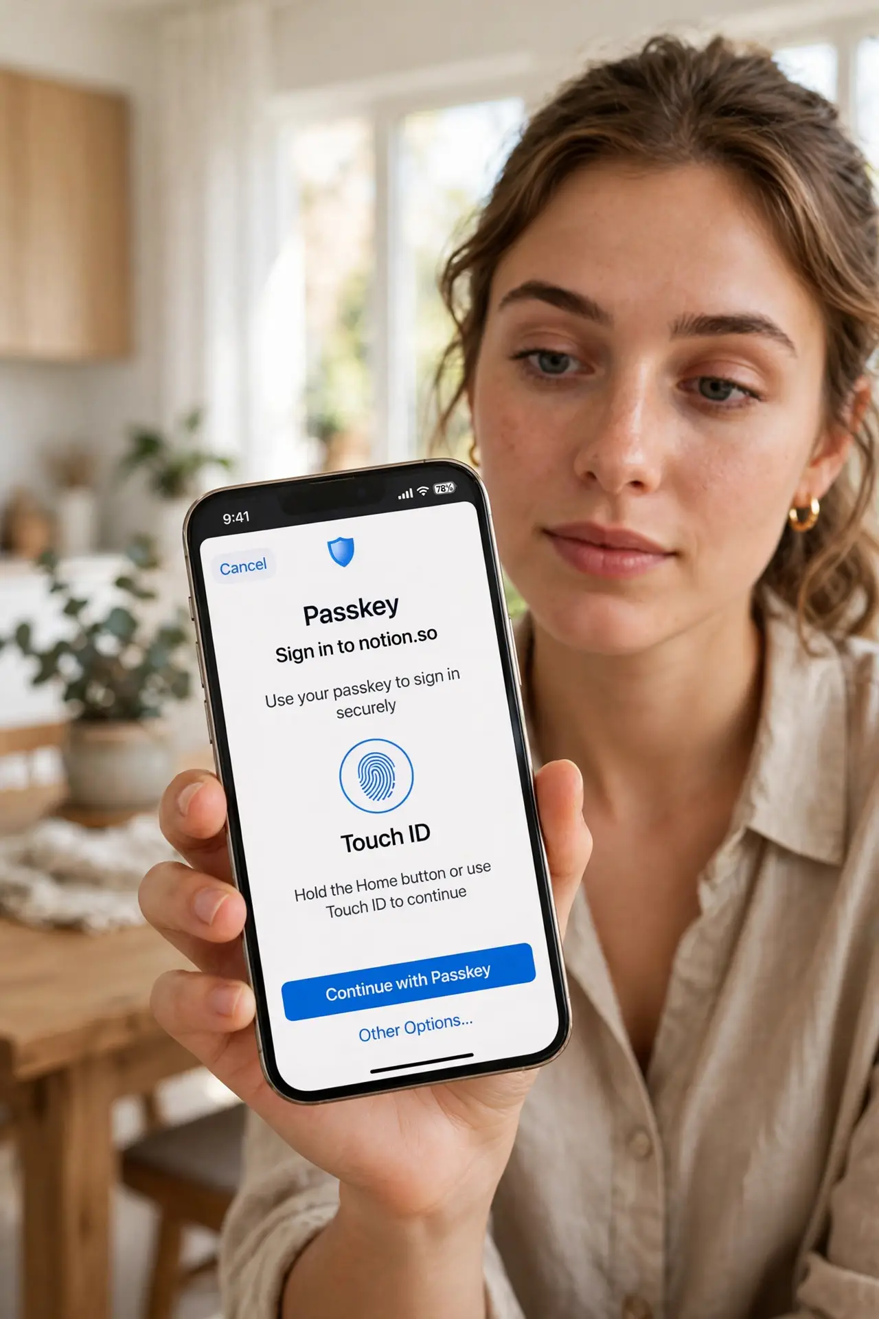 A person holding a real phone showing a passkey sign-in prompt with fingerprint icon legible on screen, the person's face calm and curious, bright home setting.