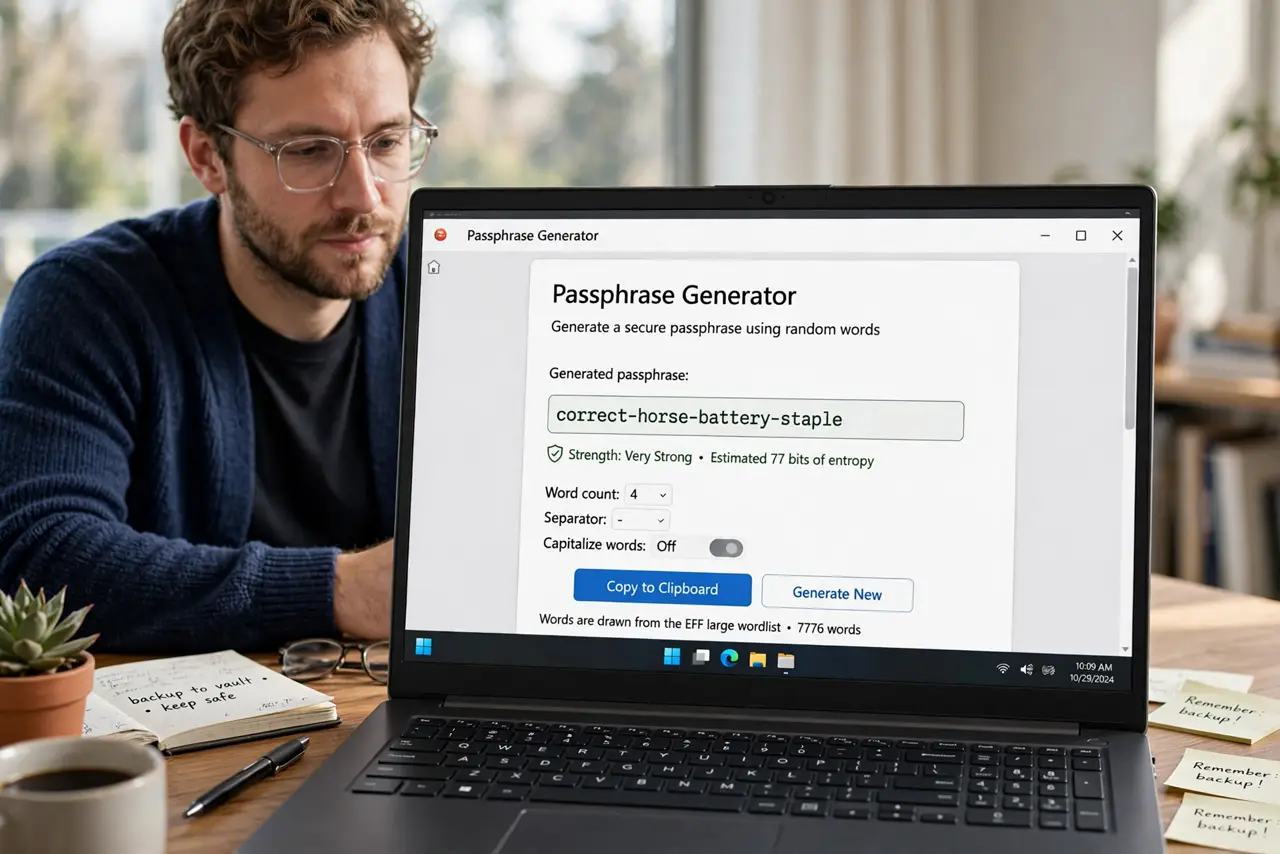 A person at a desk with a real laptop showing a passphrase generator with random words and legible text on screen, the person's face calm and focused.
