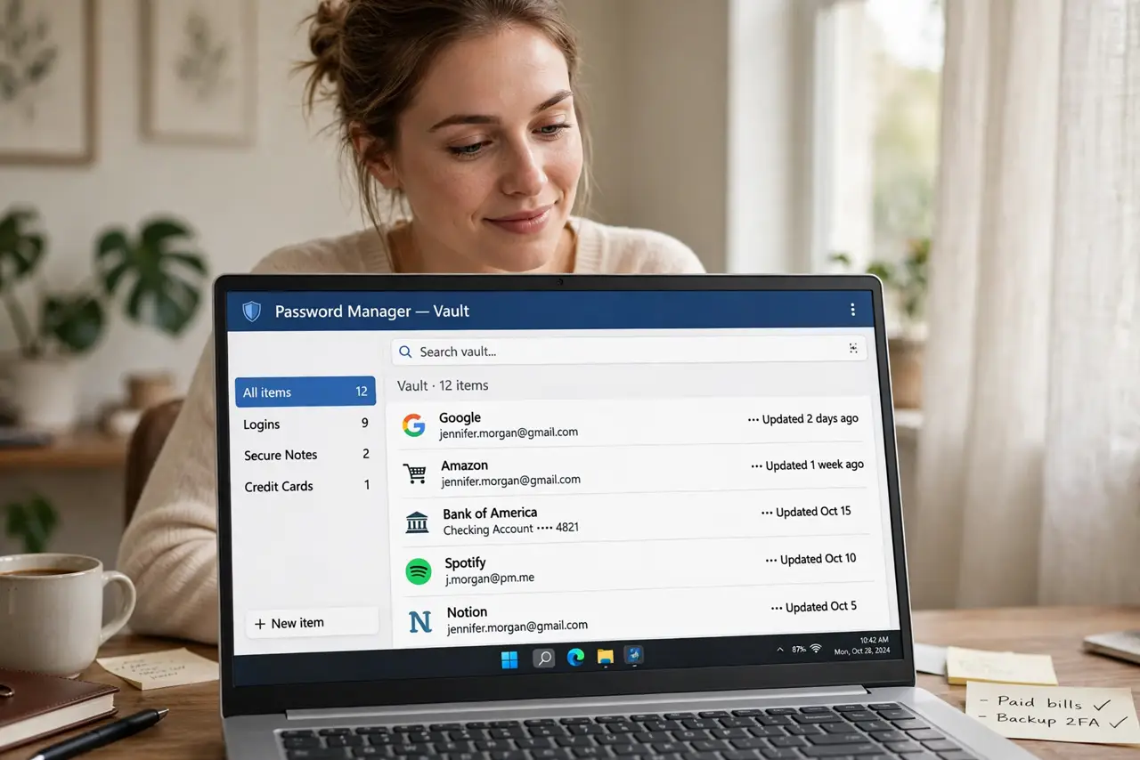 A relieved person looking at a real laptop showing a password manager vault with legible entries, the person's face calm and confident, home office.