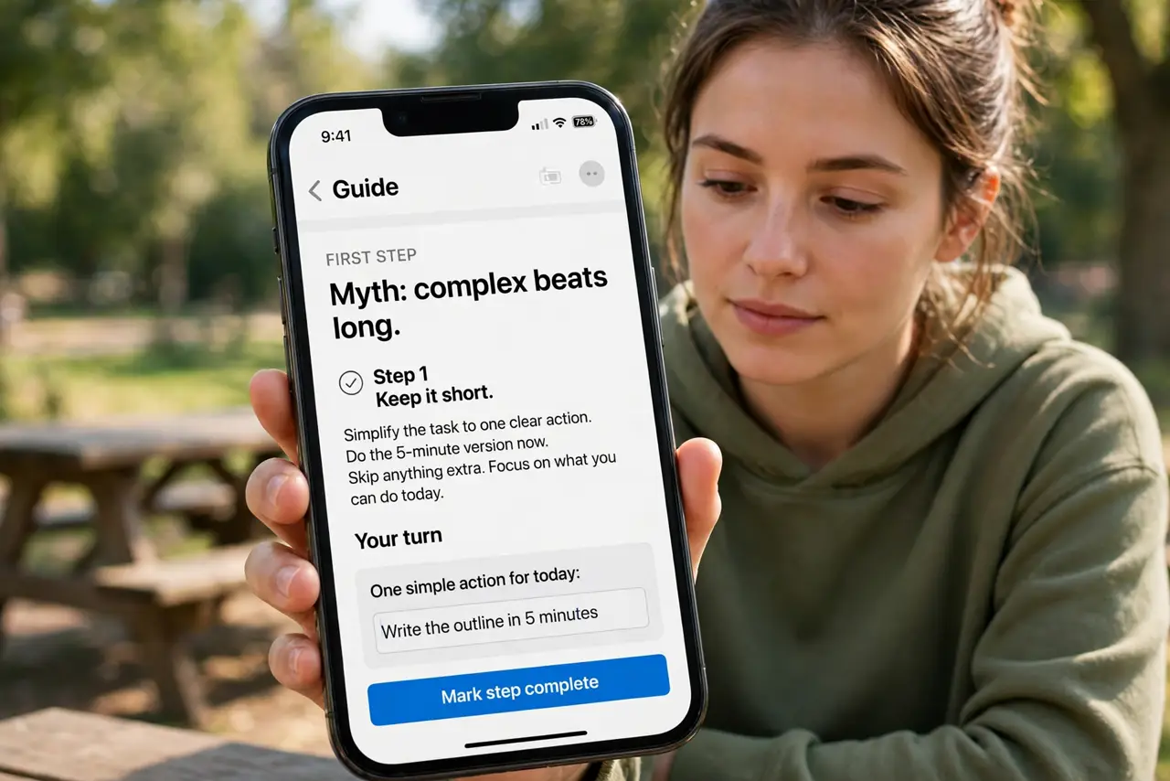A person doing the guide's first step: Myth: complex beats long.