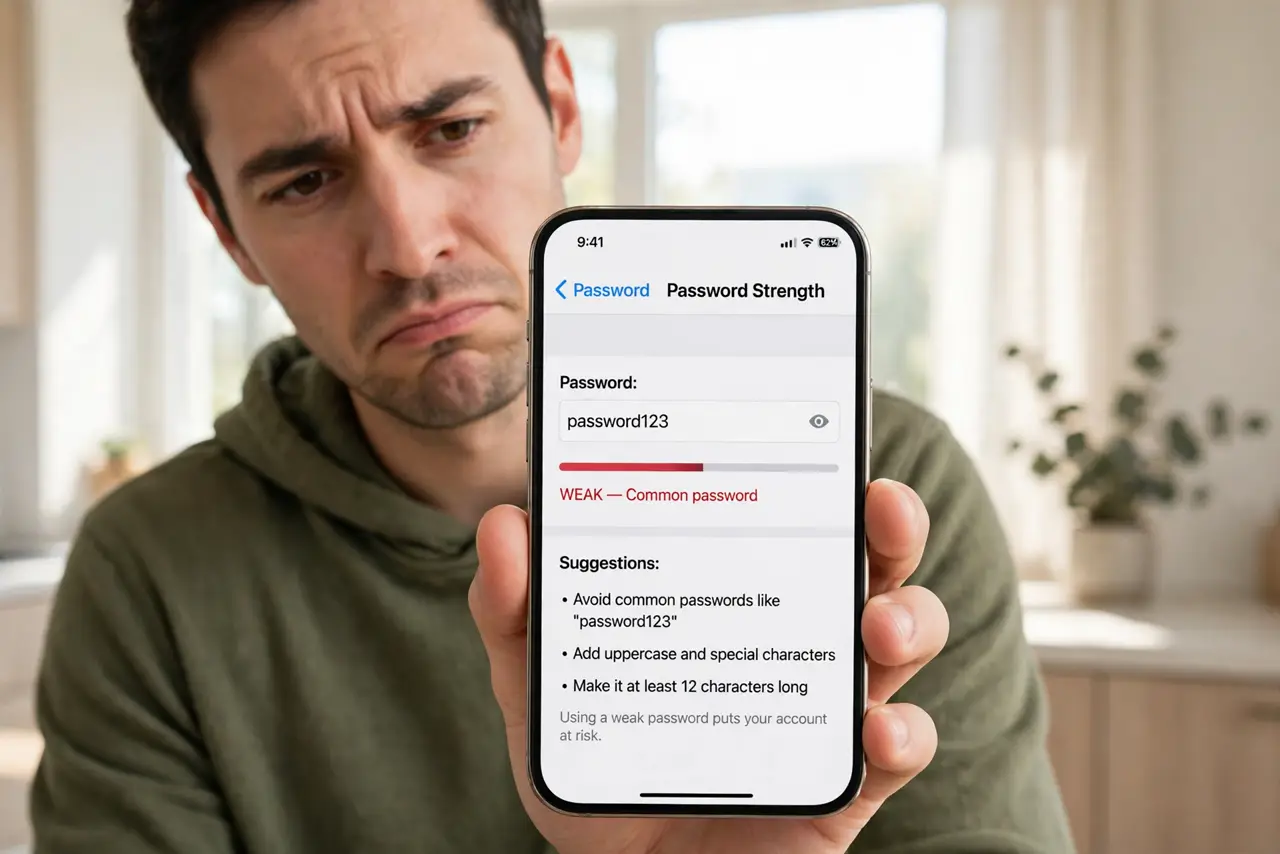 A skeptical person holding a real iPhone showing a password strength meter with legible text on screen, the person's face doubtful, bright room.