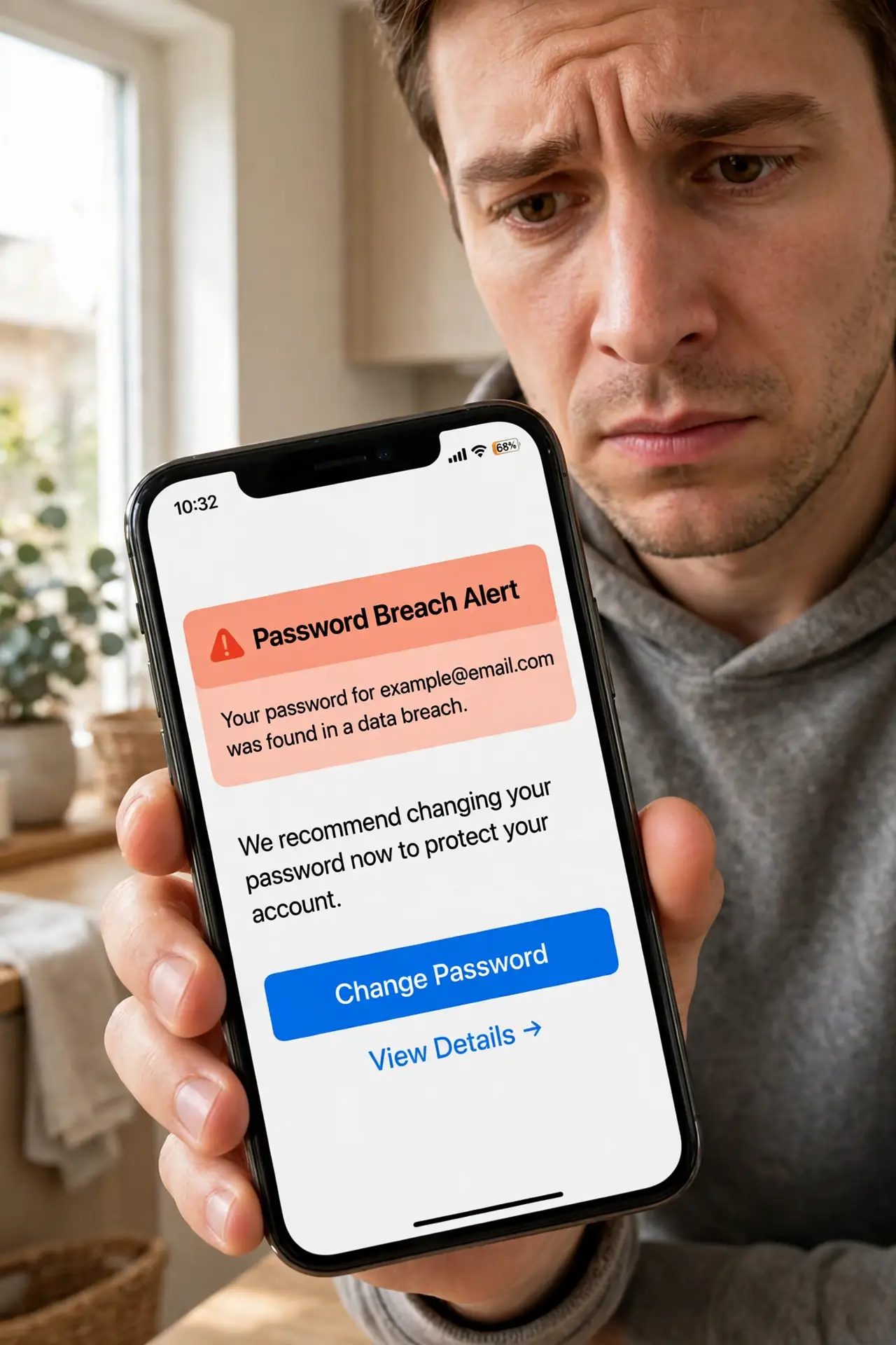 A worried person holding a real iPhone showing a password breach alert notification with legible text on screen, the person's face concerned, home interior.