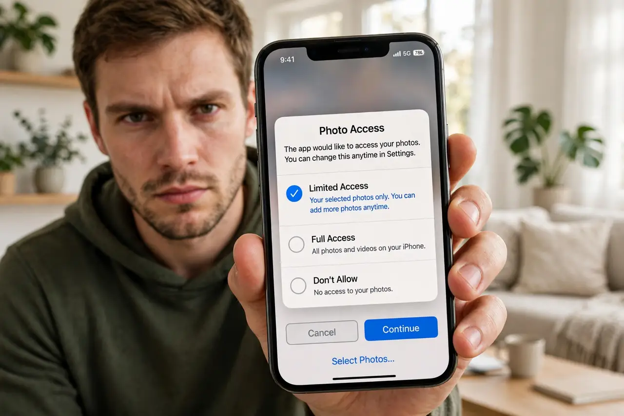 A person holding a real iPhone showing the legible photo permission popup with Limited Access selected, the person's face decisive, bright living room.