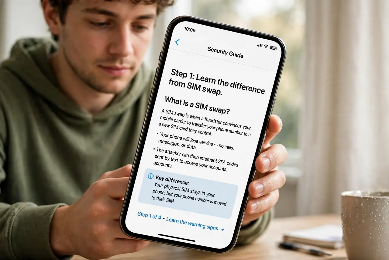 A person doing the guide's first step: Learn the difference from SIM swap.
