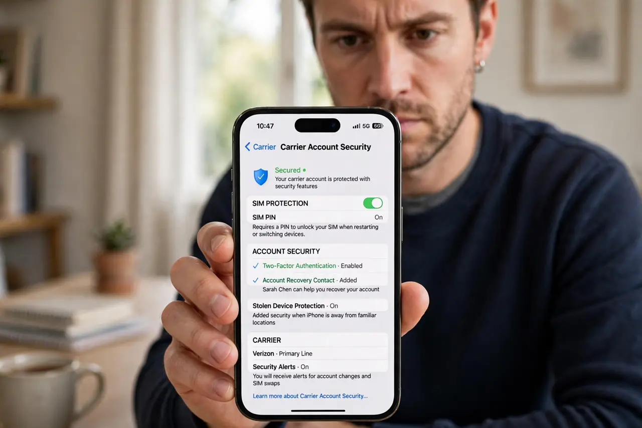 A focused person holding a real iPhone showing carrier account security settings with legible text on screen, the person's face serious, home office.