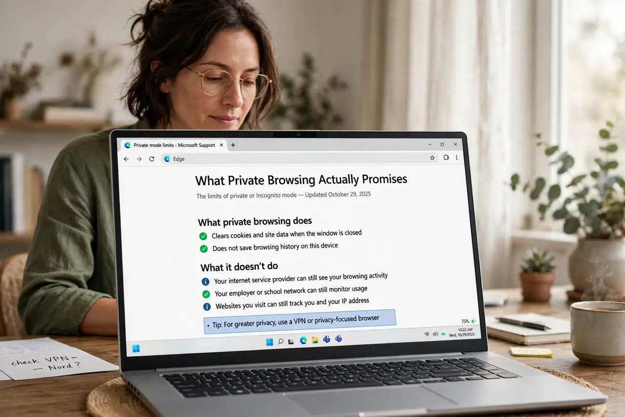 Photoreal photo of a person performing the first step: Understand the actual promise. Private mode deletes local traces when the window closes — history, cookies, cached files, form entries. That is the en...