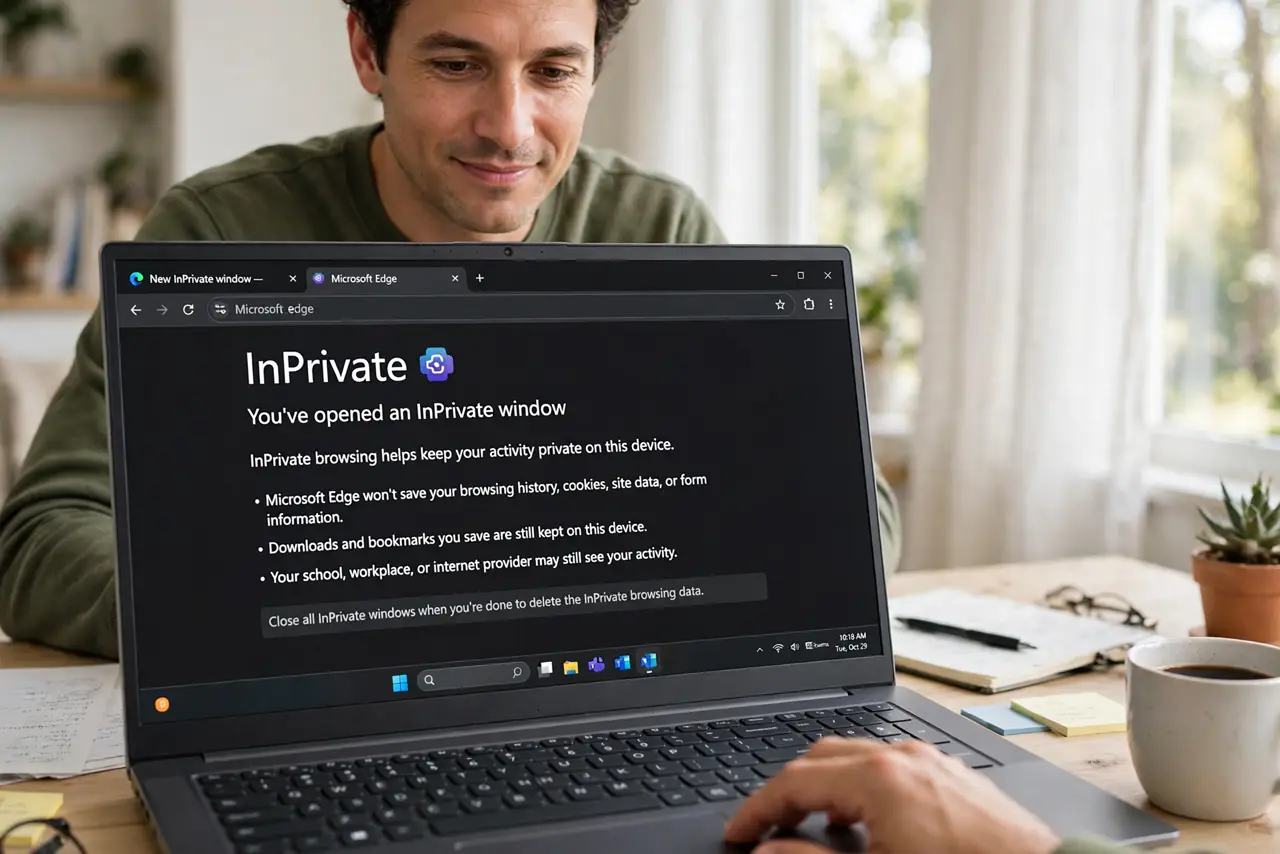 Photoreal photo: a person opening a real browser private window showing the dark incognito start page with legible text, the person's face calm and informed, home office. No black screen, no blank white screen, no fake o