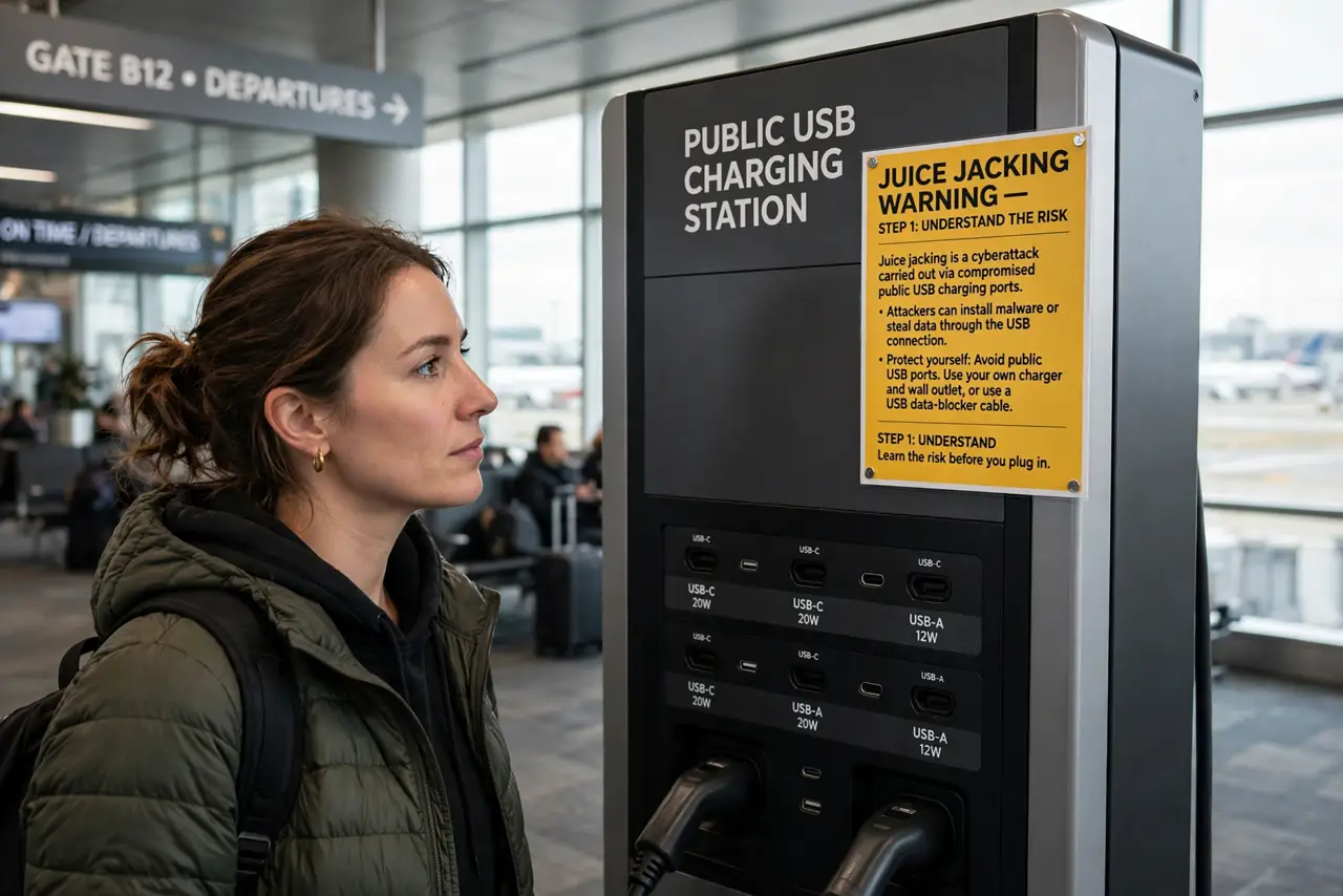 A person carrying out step one: understand juice jacking.