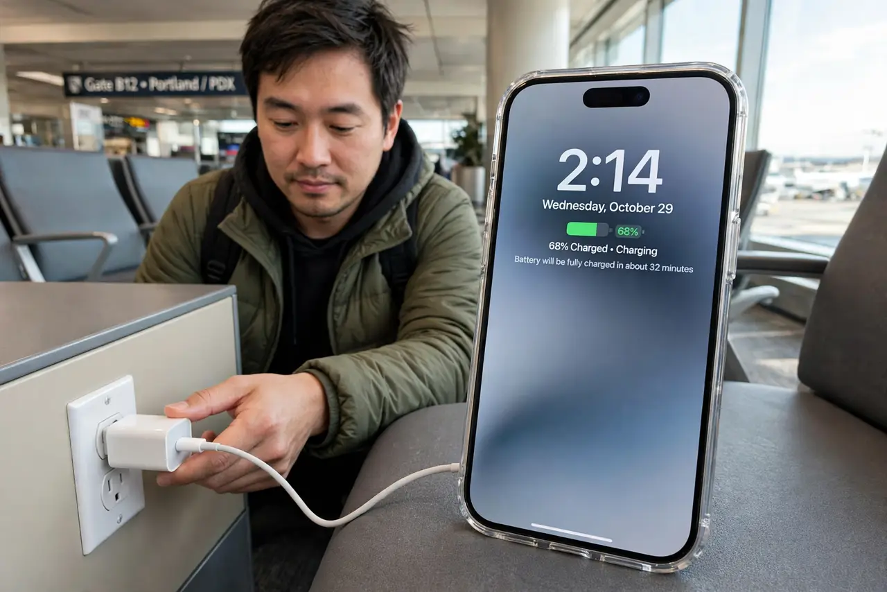 A person plugging their own real wall charger into an airport outlet, phone charging nearby, the person's face calm, airport seating area.