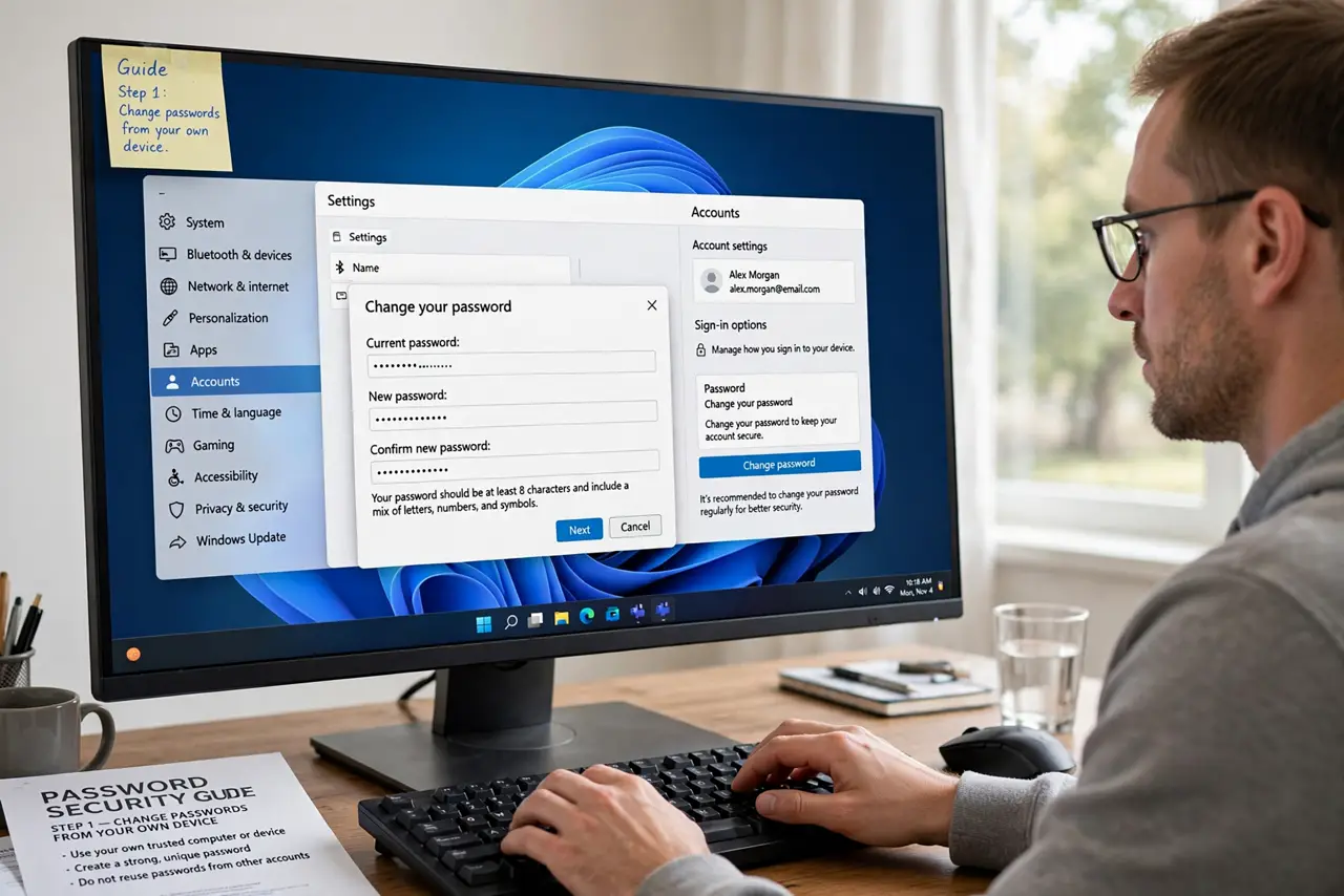 A person doing the guide's first step: Change passwords from your own device.