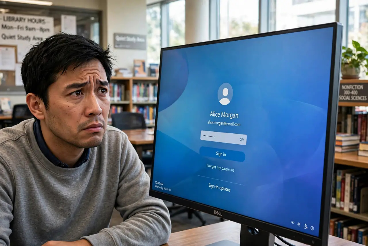 A concerned person sitting at a public library computer with a real monitor showing a login page with legible text, the person's face worried, library interior.