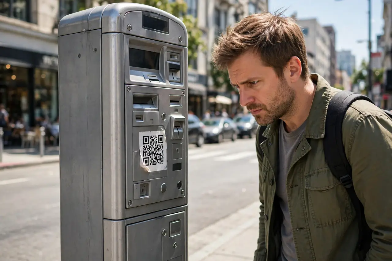 A person standing at a real parking meter outdoors, closely inspecting a QR code sticker on the meter with a suspicious expression, the person's face wary, city street.
