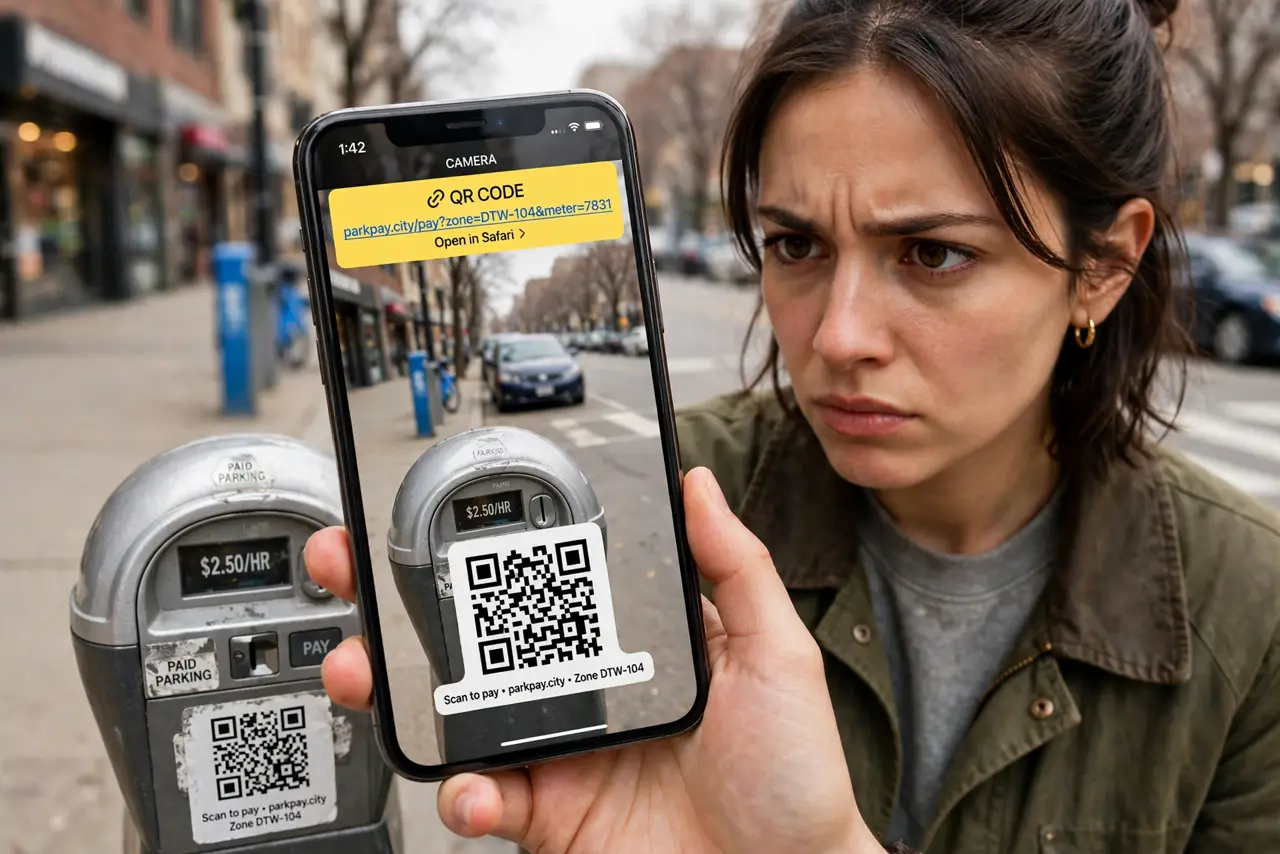 A person looking suspiciously at a real phone camera pointed at a QR code sticker on a parking meter, the phone screen showing a URL preview legible, the…