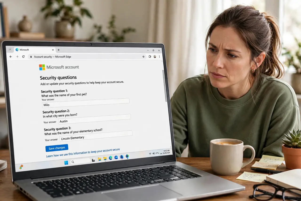 a person looking at a real laptop showing an account security page with security questions and legible text, the person's face skeptical, home office.