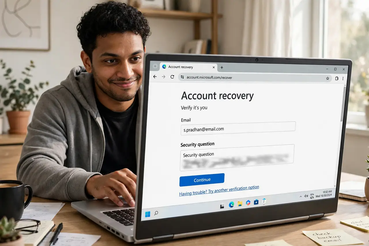 a person filling a real account recovery form on a laptop, the security question field visible but blurred, the person's face sly, home office. No black screen, no blank white scre.
