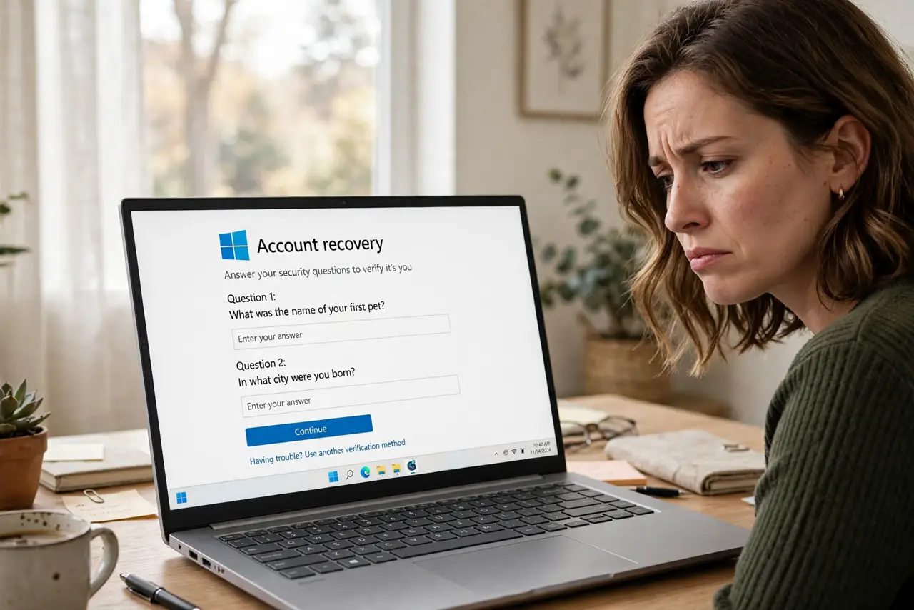 A skeptical person looking at a real laptop showing account recovery questions with legible prompts, the person's face doubtful, home office.