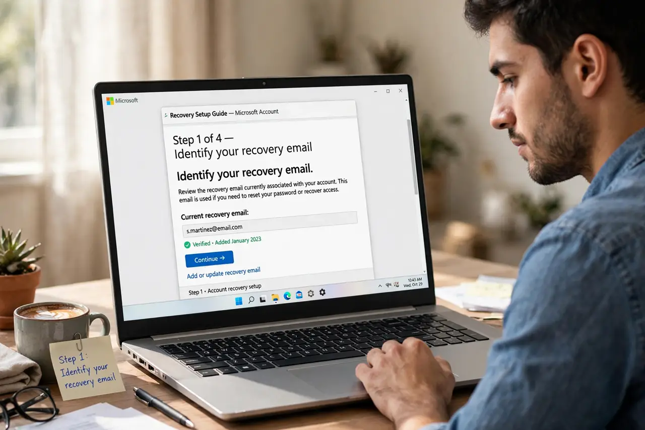 A person doing the guide's first step: Identify your recovery email.
