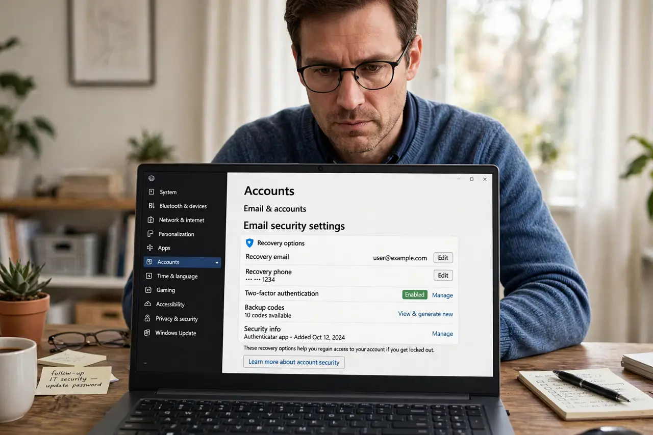 A serious person at a desk with a real laptop showing email security settings with recovery options and legible text, the person's face focused, home office.