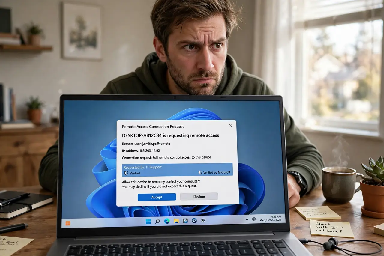 A suspicious person at a desk with a real laptop showing a remote-access connection request with legible text on screen, the person's face wary, home office.