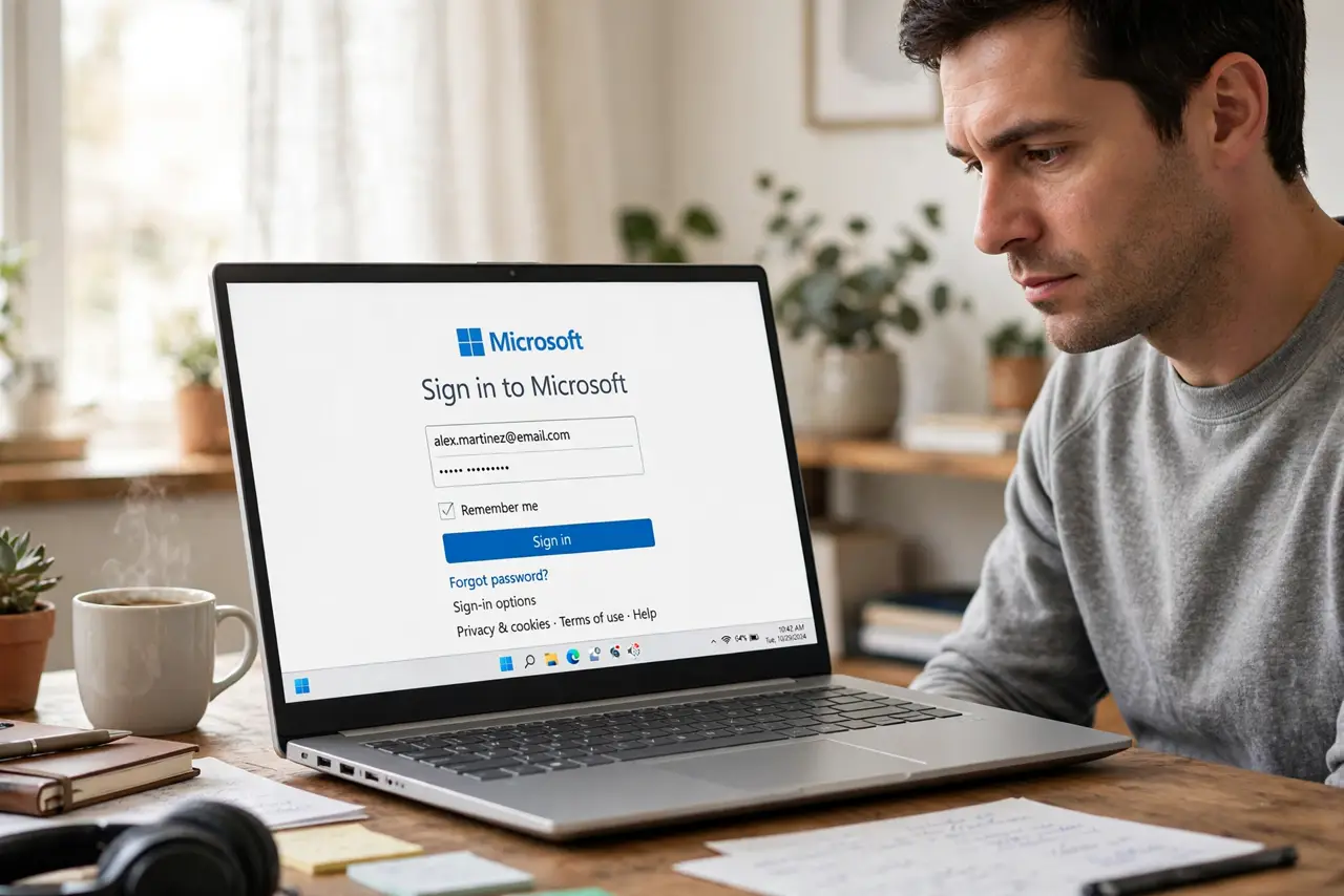 A person at a desk with a real laptop showing a login page with a 'Remember me' checkbox and legible text on screen, the person's face thoughtful, home office.