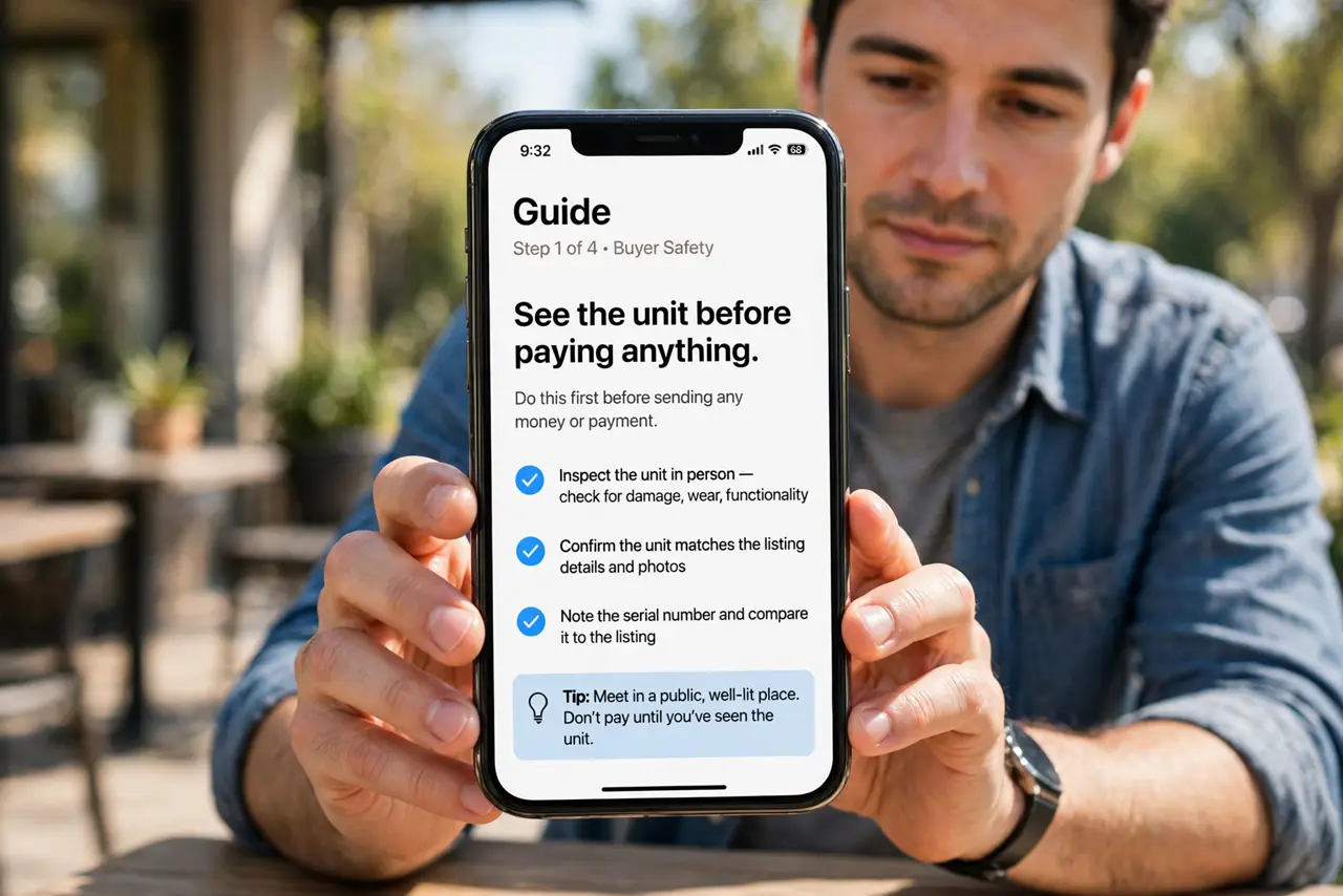 A person doing the guide's first step: See the unit before paying anything.