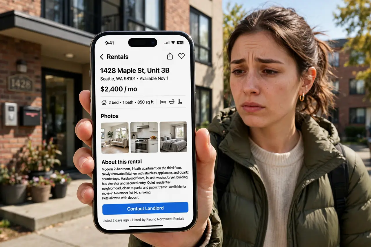 A person holding a real iPhone showing a legible rental listing with photos of an apartment, standing outside an apartment building, the person's face uncertain, daytime.
