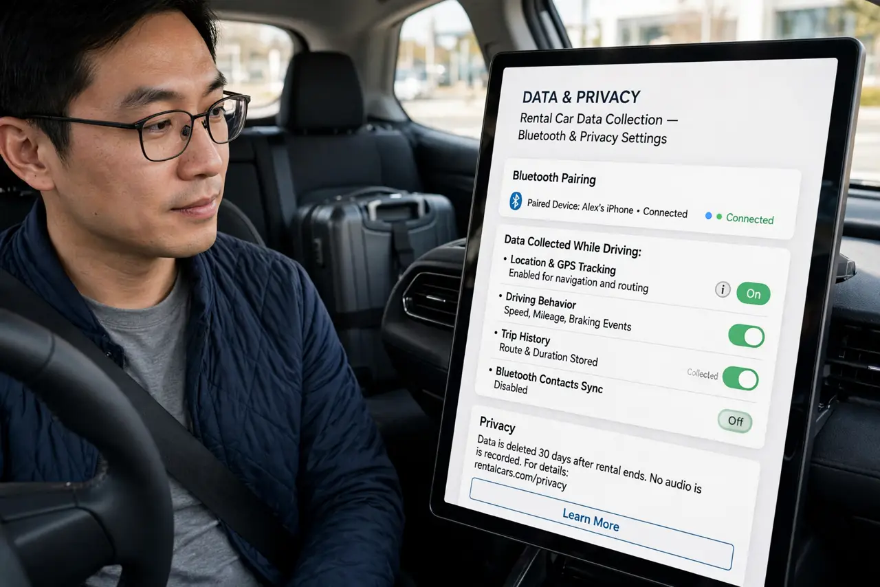 Photoreal photo of a person performing the first step: Know what the car collects. Pairing via Bluetooth often copies your contacts and call logs; using built-in navigation saves your destinations and home...