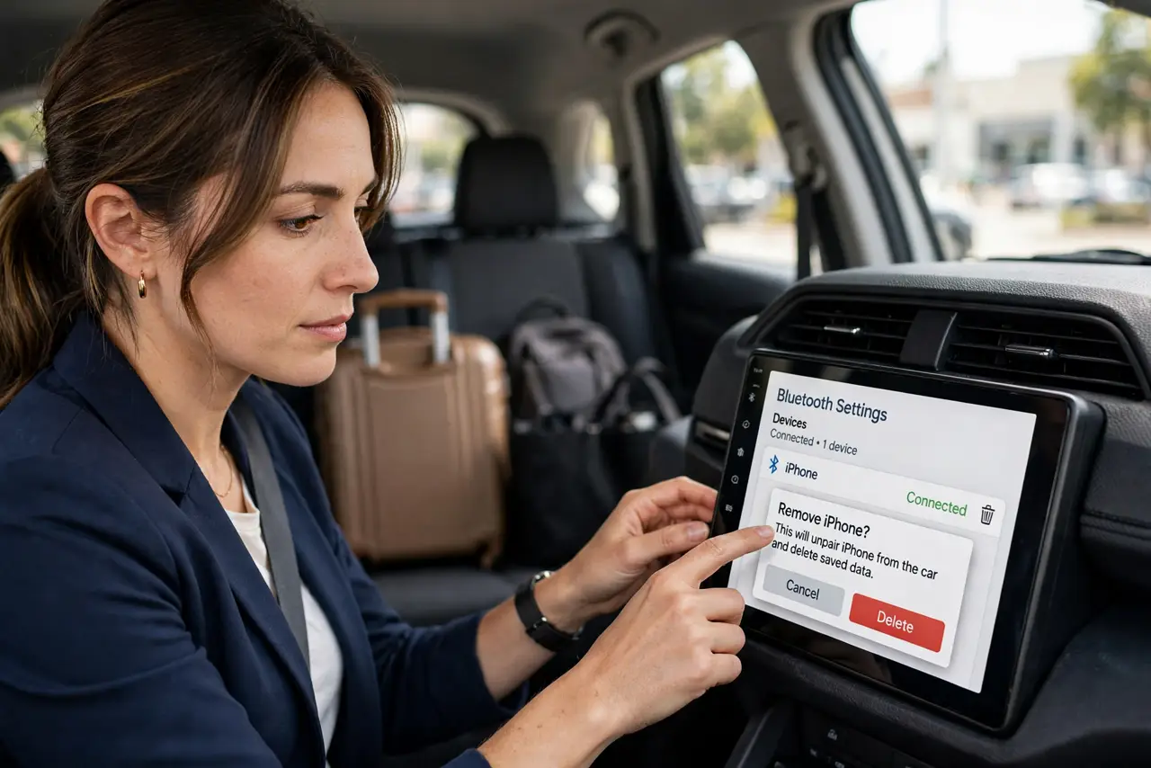Photoreal photo: a cautious person in the driver's seat of a rental car, deleting phone pairing on a legible car infotainment screen showing Bluetooth settings, a suitcase visible in the back seat, the person's face seri